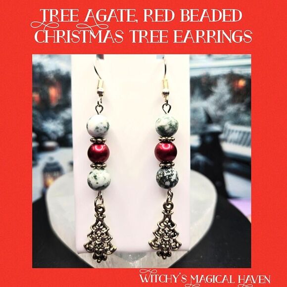 Tree Agate Beaded Christmas Tree Charm Gemstone Festive Earrings - Picture 1 of 7